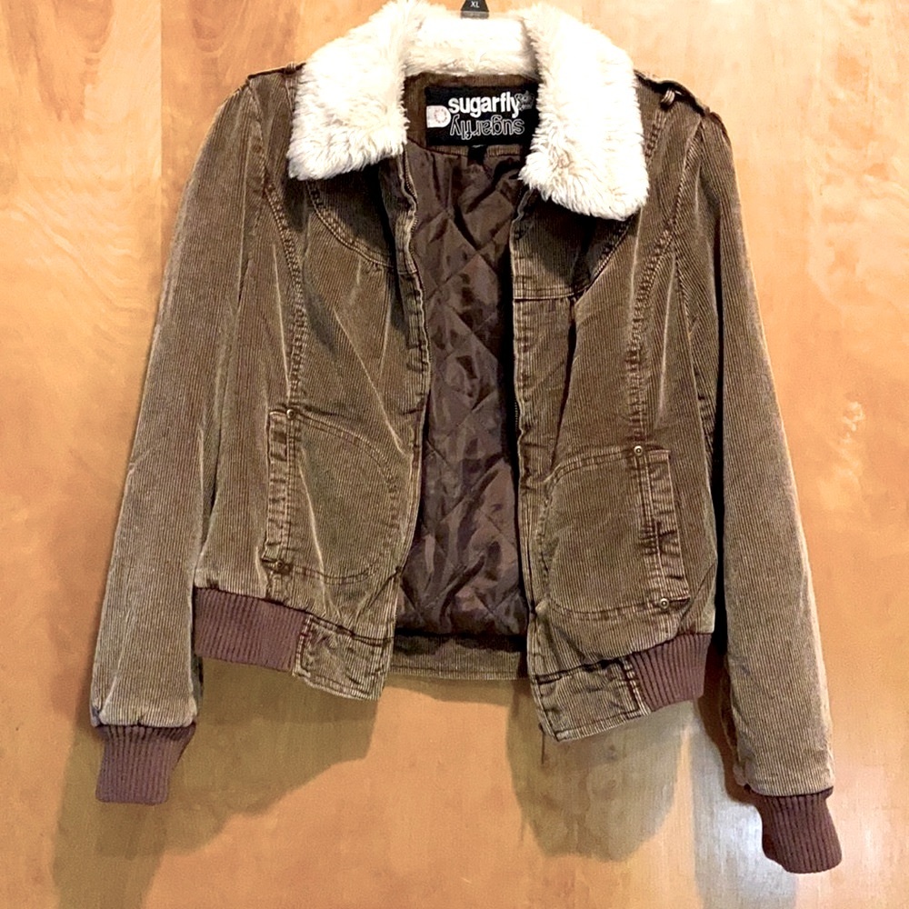 90’S VINTAGE~SUGARFLY BROWN CORDUROY JACKET- FAUX FUR OFF WHITE COLLAR~TRULY 90S - Picture 3 of 10